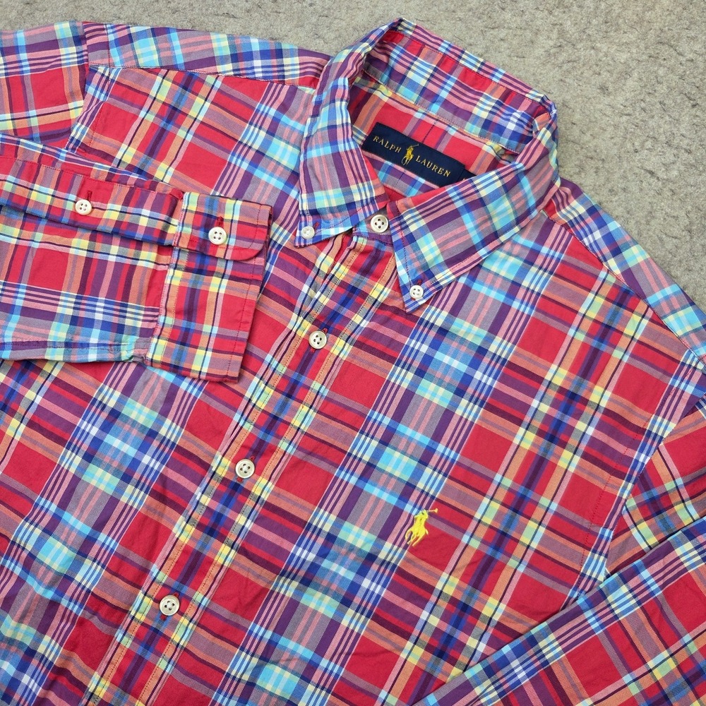Ralph Lauren Shirt Mens M Red Blue Plaid Long Sleeve Button Down Preppy Pony